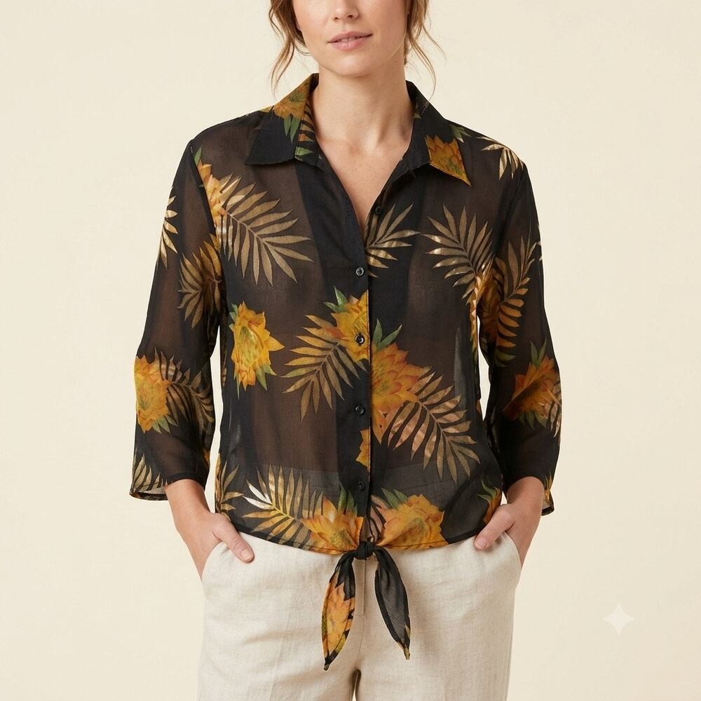 044-Banana Bay Rayon Blend Burnout Front-Tie Blouse size XL / PTP 24”